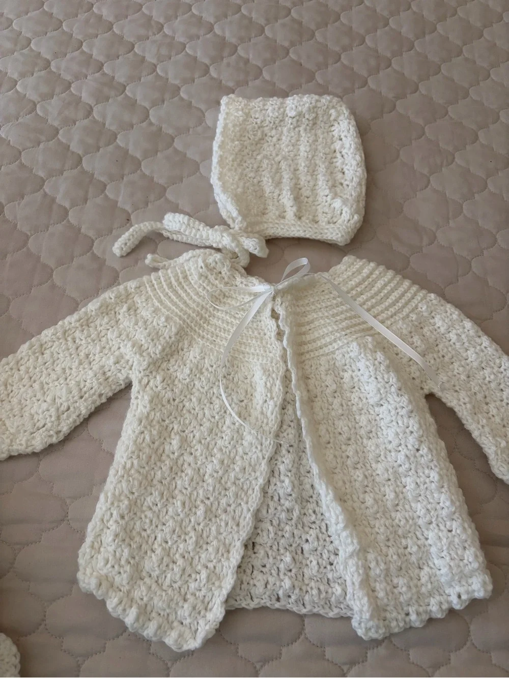 Handmade Crocheted Baby Set - Cream Blanket & Jacket with Bonnet